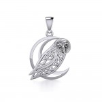 Celtic Owl on Crescent Moon Silver Pendant