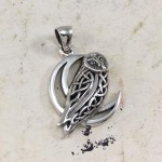 Celtic Owl on Crescent Moon Silver Pendant