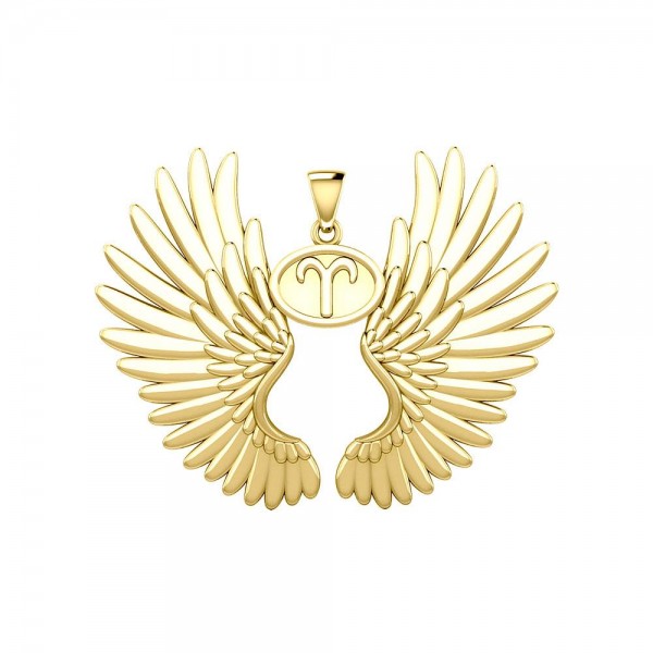 Guardian Angel Wings Solid Gold Pendant with Aries Zodiac Sign