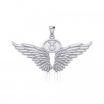 Guardian Angel Wings Silver Pendant with Taurus Zodiac Sign