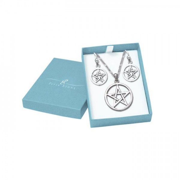 Pentacle Silver Pendant Earrings with Free Chain Jewelry Gift Box Set