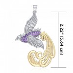 Multifaceted and Alighting Phoenix ~ Sterling Silver Jewelry Pendant with 14k Gold and Gems Accents