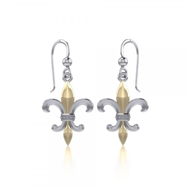 Symbolisme brillant en Fleur-de-Lis ~ Boucles d’oreilles crochet à bijoux en argent sterling avec accent or 14 carats