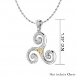 Streamlined artistic representation ~ Sterling Silver Celtic Triquetra Pendant Jewelry with 18k Gold accent