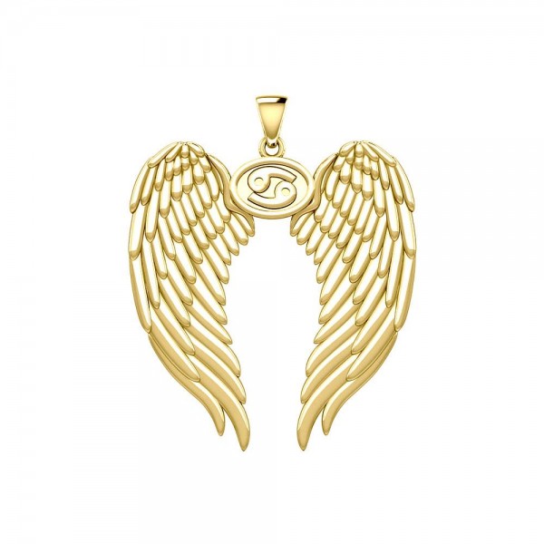 Pendentif en or massif Guardian Angel Wings avec signe du zodiaque du cancer