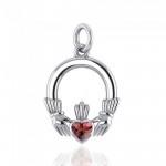 A grateful love in eternity ~ Celtic Knotwork Claddagh Sterling Silver Charm with Gemstone