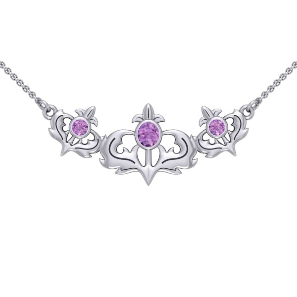 Even flourishing from within ~ Sterling Silver Jewelry Scottish Thistle Necklace with Shimmering Gemstone