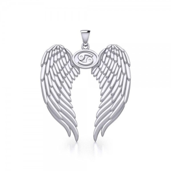 Guardian Angel Wings Silver Pendant with Cancer Zodiac Sign