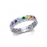 Celtic Silver Band Ring with Chakra Gemstones
