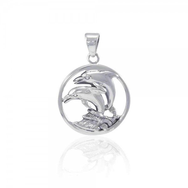 Dolphins in Circle Silver Pendant