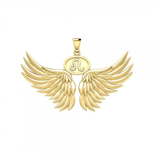Guardian Angel Wings Solid Gold Pendant with Leo Zodiac Sign