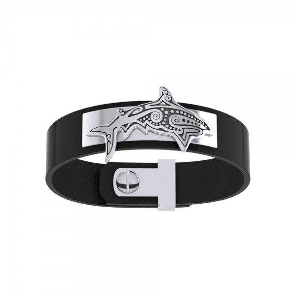 Silver Aboriginal Shark Leather Bracelet
