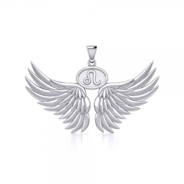 Guardian Angel Wings Silver Pendant with Leo Zodiac Sign