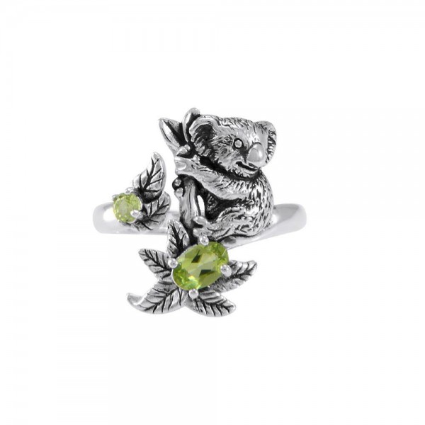 Koala Bear with Gemstone Flower Silver Ring