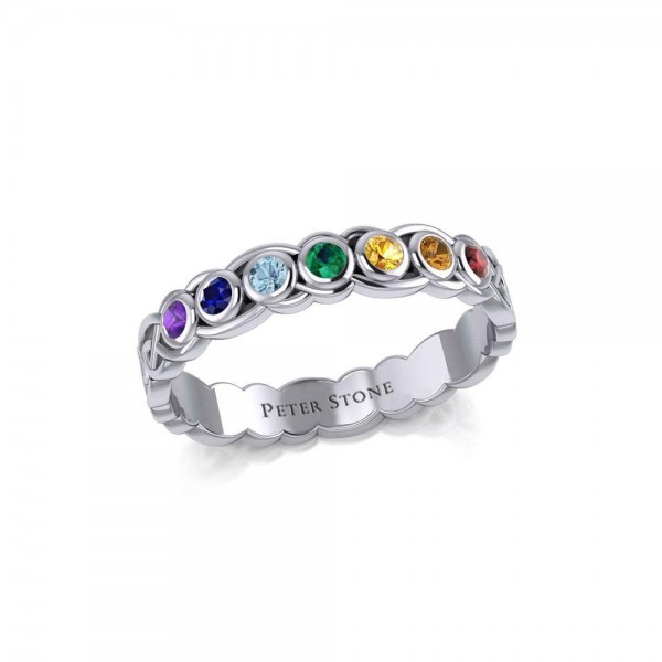 Celtic Knot Silver Band Ring with Chakra Gemstones