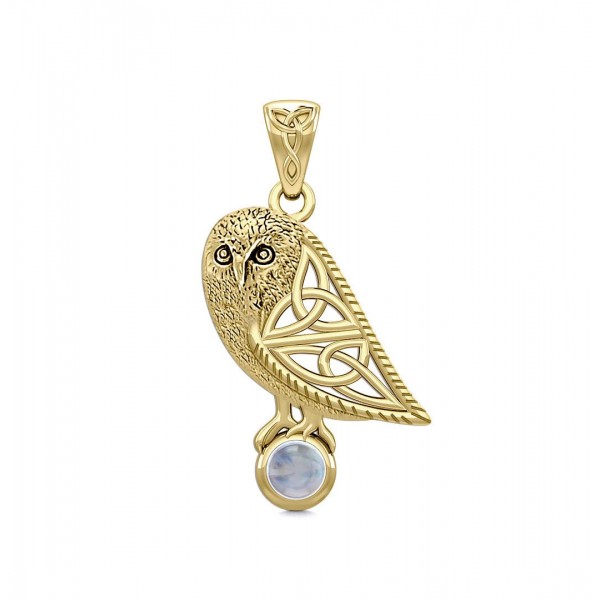 Celtic Owl Solid Gold Pendant with Gemstone