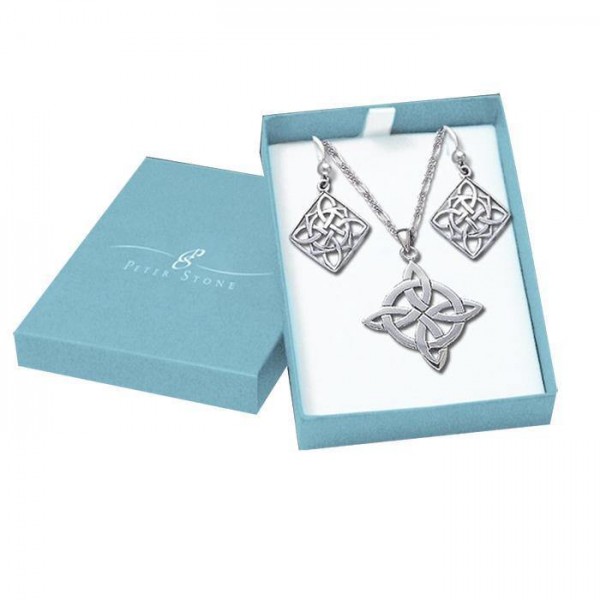 Celtic Quaternary Knot Silver Pendant Earrings with Free Chain Jewelry Gift Box Set