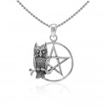 Sitting Owl with Pentagram Sterling Silver Pendant