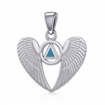 Silver Angel Wings Pendant with Inlaid Recovery Symbol