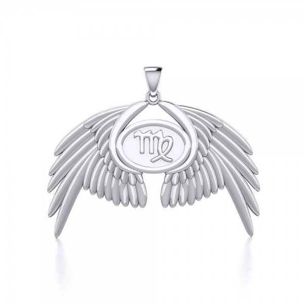 Guardian Angel Wings Silver Pendant with Virgo Zodiac Sign