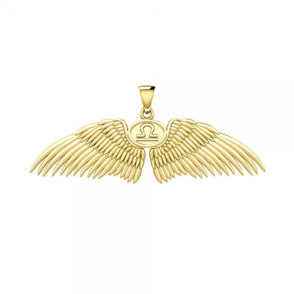 Guardian Angel Wings Solid Gold Pendant with Libra Zodiac Sign