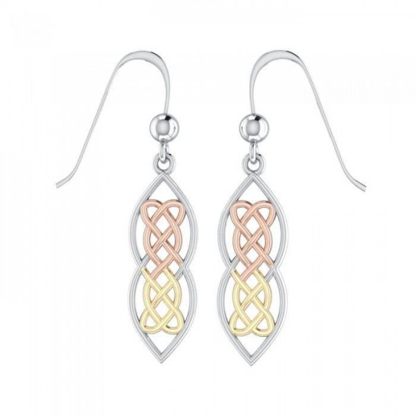 A peace of heaven and heart ~ Celtic Knotwork Sterling Silver Three Tone Dangle Earrings Jewelry with 14k Gold and Pink accent