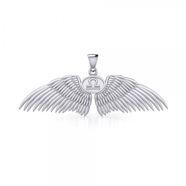 Guardian Angel Wings Silver Pendant with Libra Zodiac Sign