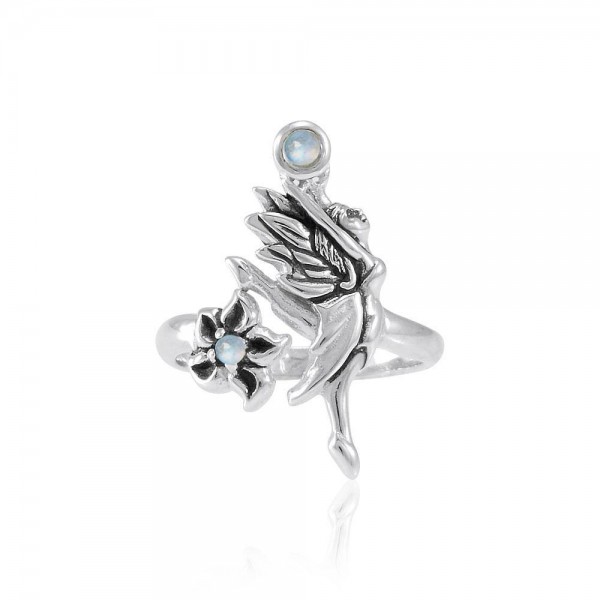 Dancing Fairy with Flower Silver Ring with Gemstone