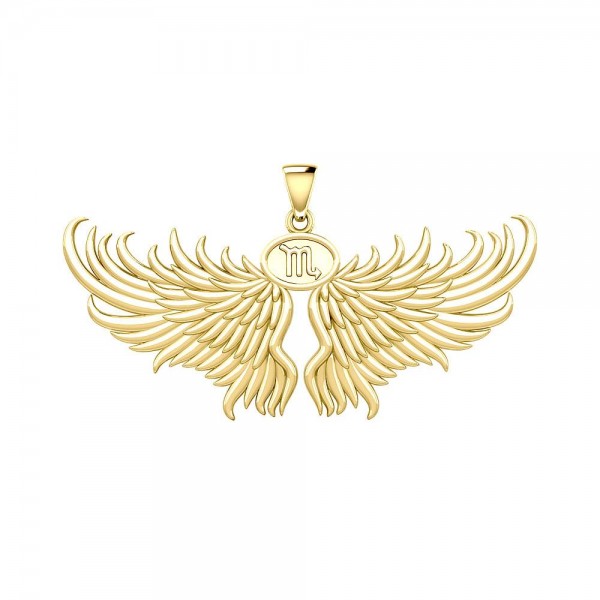 Guardian Angel Wings Solid Gold Pendant with Scorpio Zodiac Sign