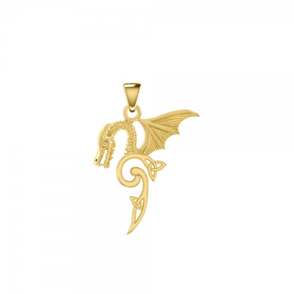 Flying Dragon with Triquetra Solid Gold Pendant