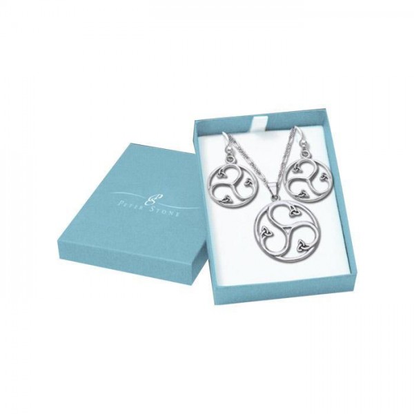 Silver Triskele Pendant Chain and Earrings Box Set