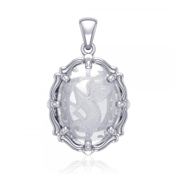 Beyond the dragons fierce presence -  Sterling Silver Pendant with Natural Clear Quartz