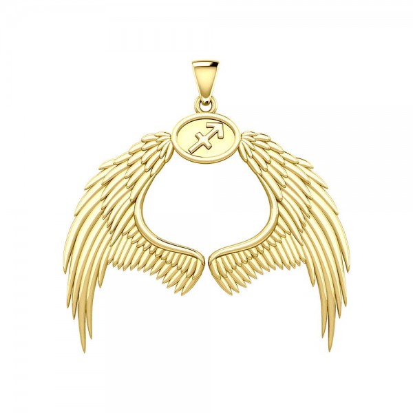 Guardian Angel Wings Solid Gold Pendant with Sagittarius Zodiac Sign
