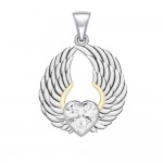 Gemstone Heart and Angel Wings Silver and 14K Gold Plated Pendant