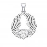 Gemstone Heart and Angel Wings Silver Pendant