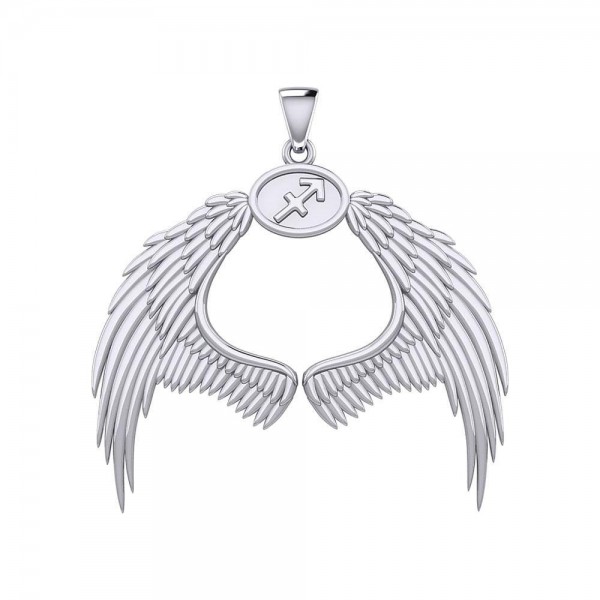 Guardian Angel Wings Silver Pendant with Sagittarius Zodiac Sign