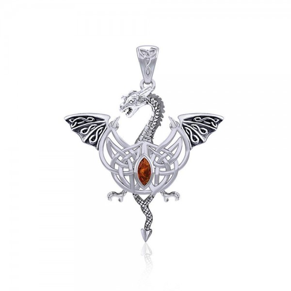 Flying Dragon with Celtic Knot Silver Pendant
