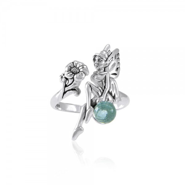 Fairy and Flower Silver Ring with Gemstone Ball