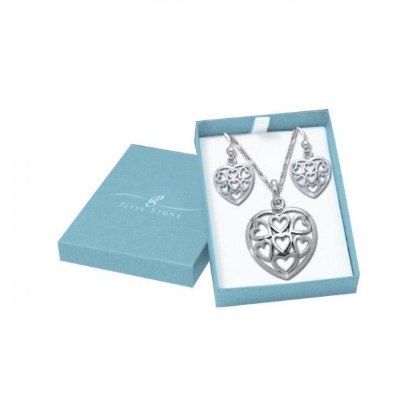 Silver Heart in Heart Pendant Chain and Earrings Box Set