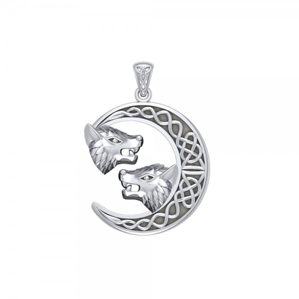Double Wolf Heads with Celtic Crescent Moon Silver Pendant