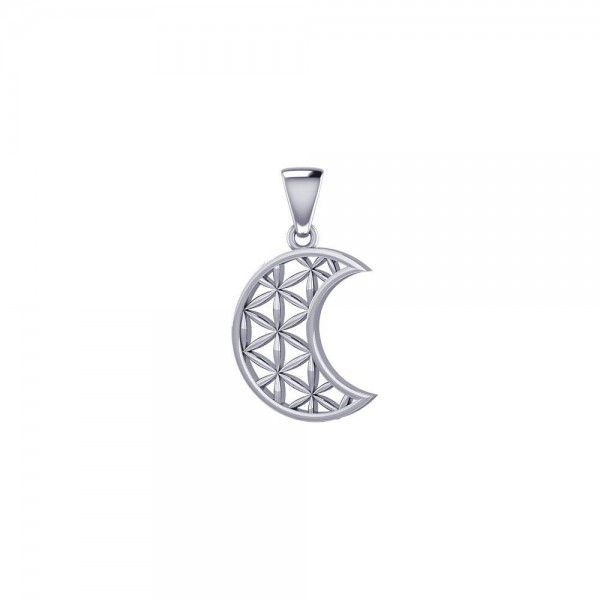 The Flower of Life in Crescent Moon Sterling Silver Pendant
