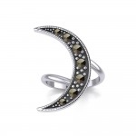 Crescent Moon Sterling Silver Ring with Marcasite