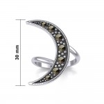 Crescent Moon Sterling Silver Ring with Marcasite