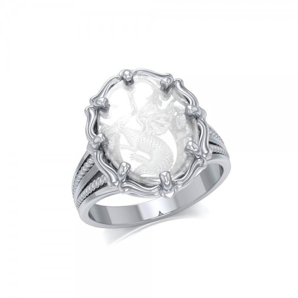Dragon Sterling Silver Ring with Natural Clear Quartz