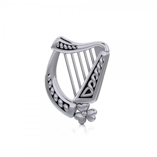 Hear the music of the Celtic Harp adorned with a Shamrock ~ Sterling Silver Pendant Jewelry
