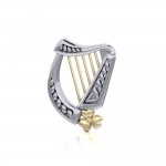 Celtic Harp Irish Shamrock Silver and Gold Pendant