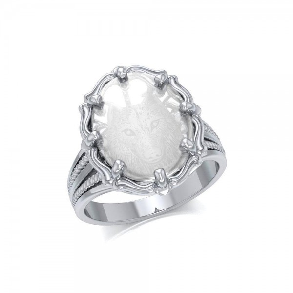 Wolf Sterling Silver Ring with Natural Clear Quartz