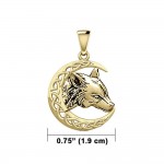 Wolf with Celtic Crescent Moon Solid Gold Pendant