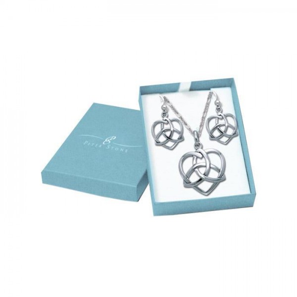 Silver Trinity Heart Pendant Chain and Earrings Box Set