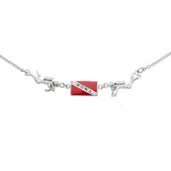 Kona Island Dive Flag and Dive Equipment Silver Necklace